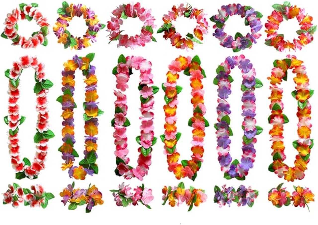 Hawaiian Hula Leis sets Artificial Flowers Fabric Wreath Neck Loop Wristband Headband Dance Garland Leis Sets for Luau Party Costumes (6 sets;24 Pack)